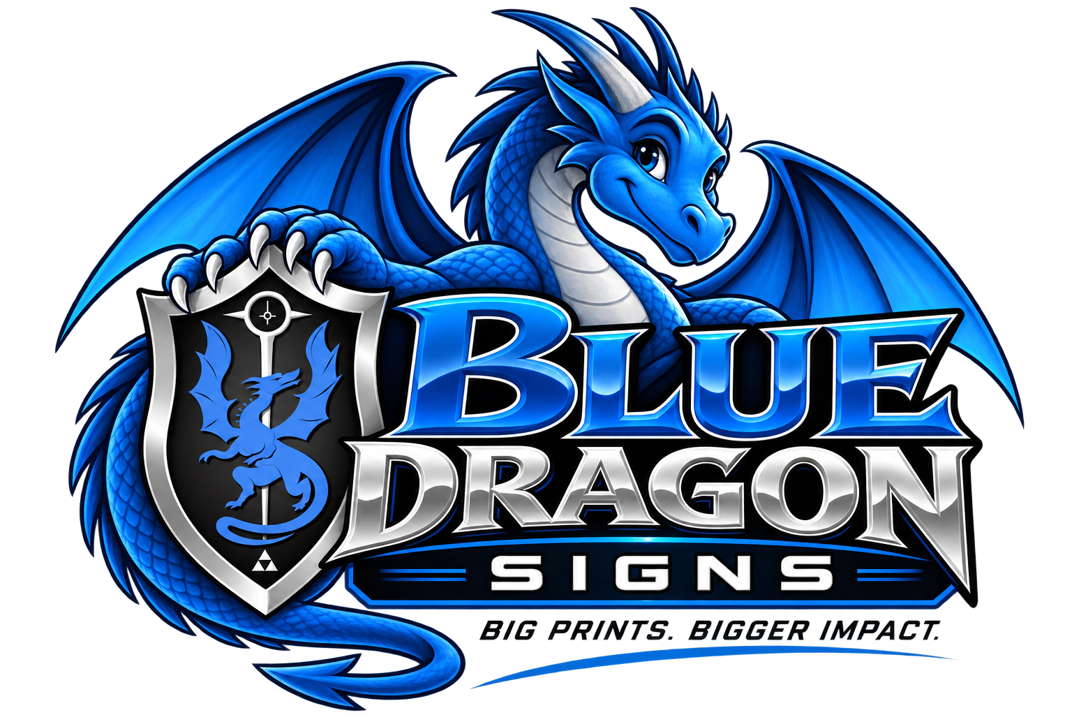 Blue Dragon Signs — blue dragon and silver shield logo
