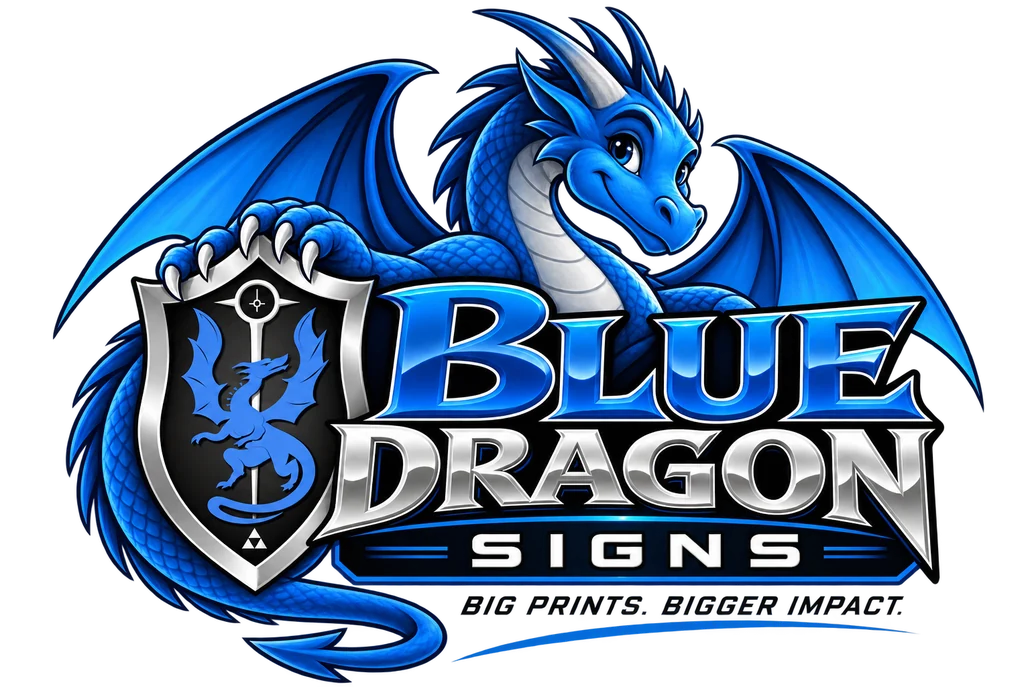 Blue Dragon Signs — blue dragon and silver shield logo